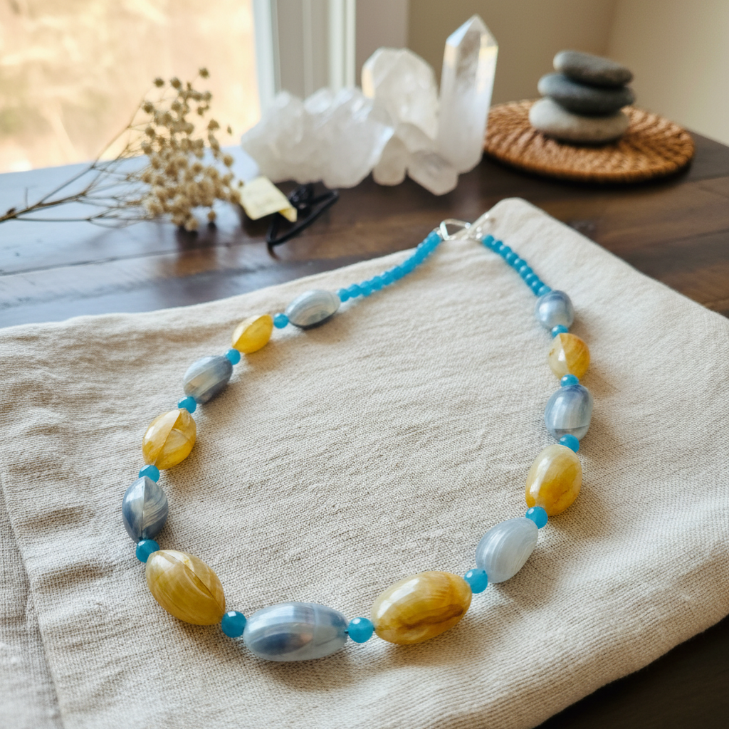 Aquamarine Seashell Wire-Wrapped Necklace - Natural Ocean Stone Bohemian Jewelry