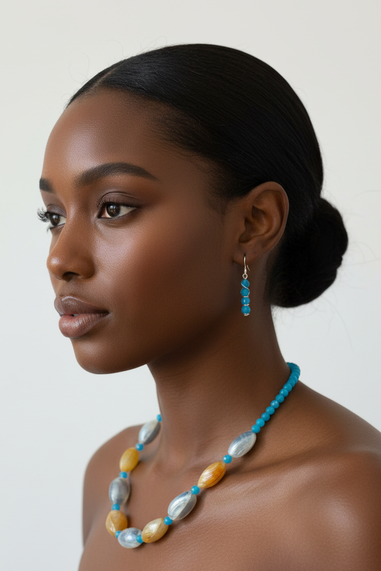 Aquamarine Seashell Wire-Wrapped Necklace - Natural Ocean Stone Bohemian Jewelry