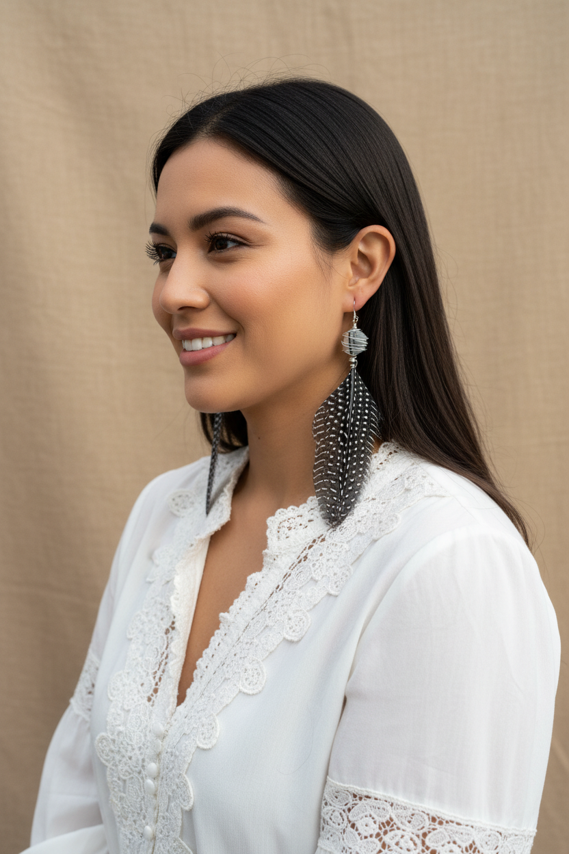 Rutilated Quartz Spotted Feather Earrings - Black White Sterling Silver Plated