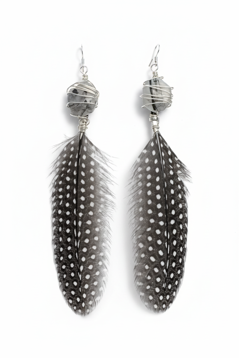 Rutilated Quartz Spotted Feather Earrings - Black White Sterling Silver Plated