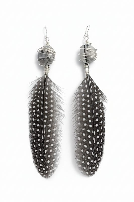 Rutilated Quartz Spotted Feather Earrings - Black White Sterling Silver Plated
