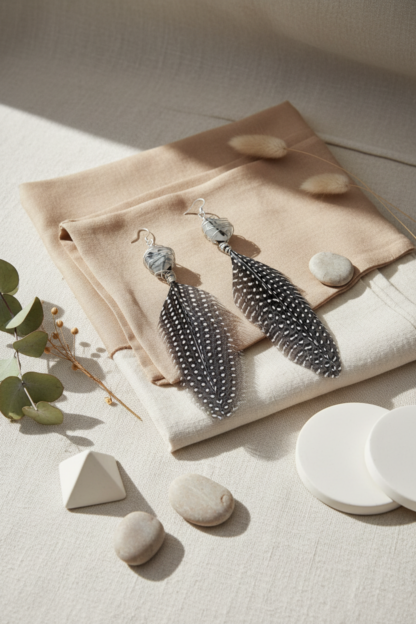 Rutilated Quartz Spotted Feather Earrings - Black White Sterling Silver Plated