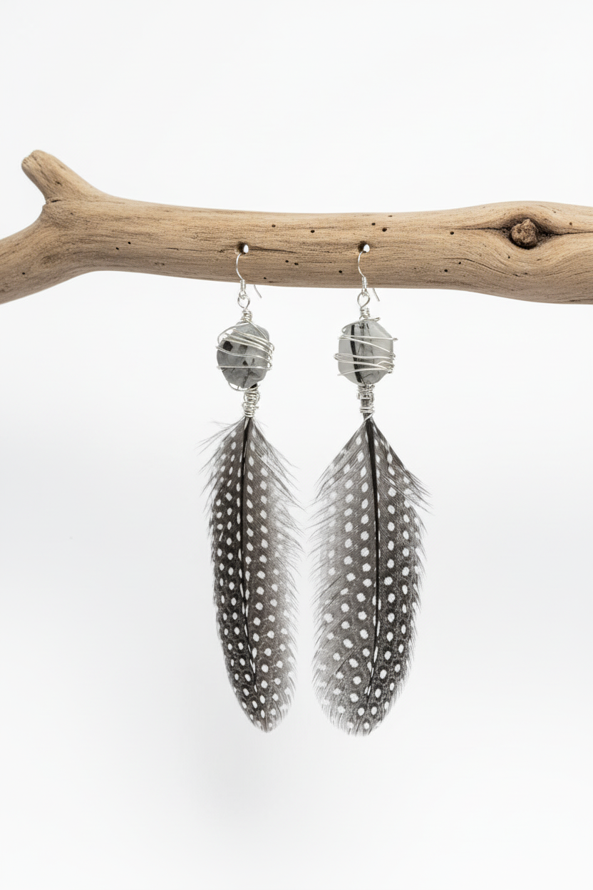 Rutilated Quartz Spotted Feather Earrings - Black White Sterling Silver Plated