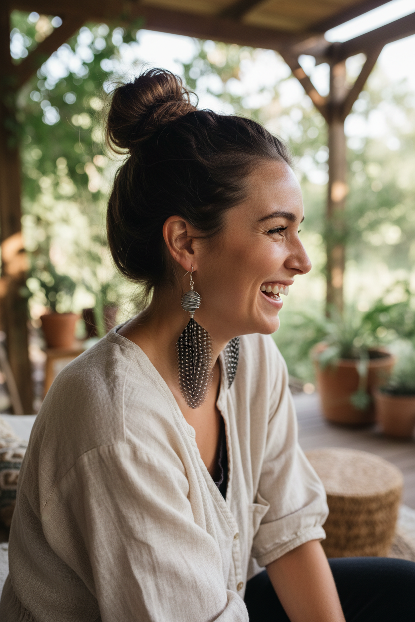 Rutilated Quartz Spotted Feather Earrings - Black White Sterling Silver Plated