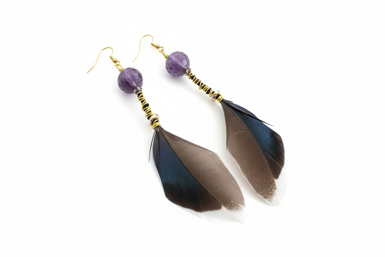 Diamond Cut Amethyst Feather Earrings - Wire Wrapped 14K Gold Plated