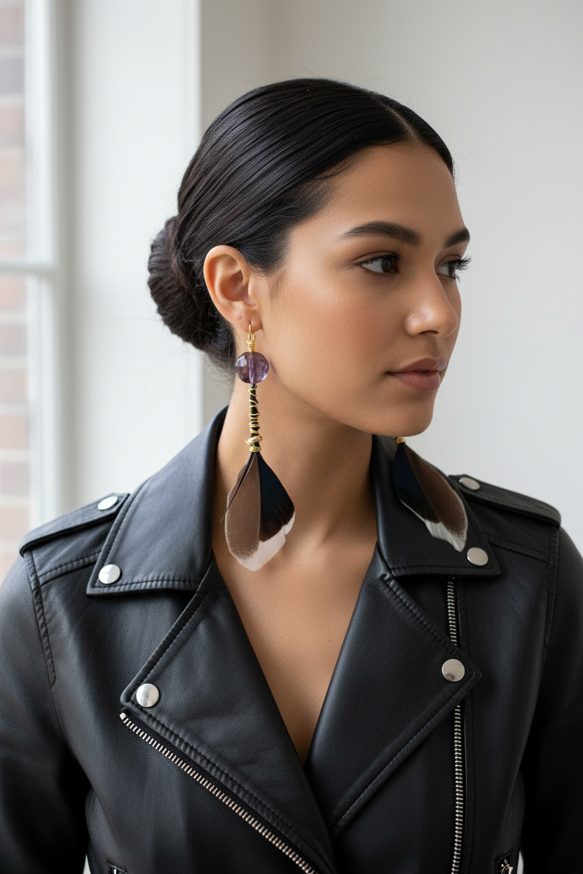 Diamond Cut Amethyst Feather Earrings - Wire Wrapped 14K Gold Plated