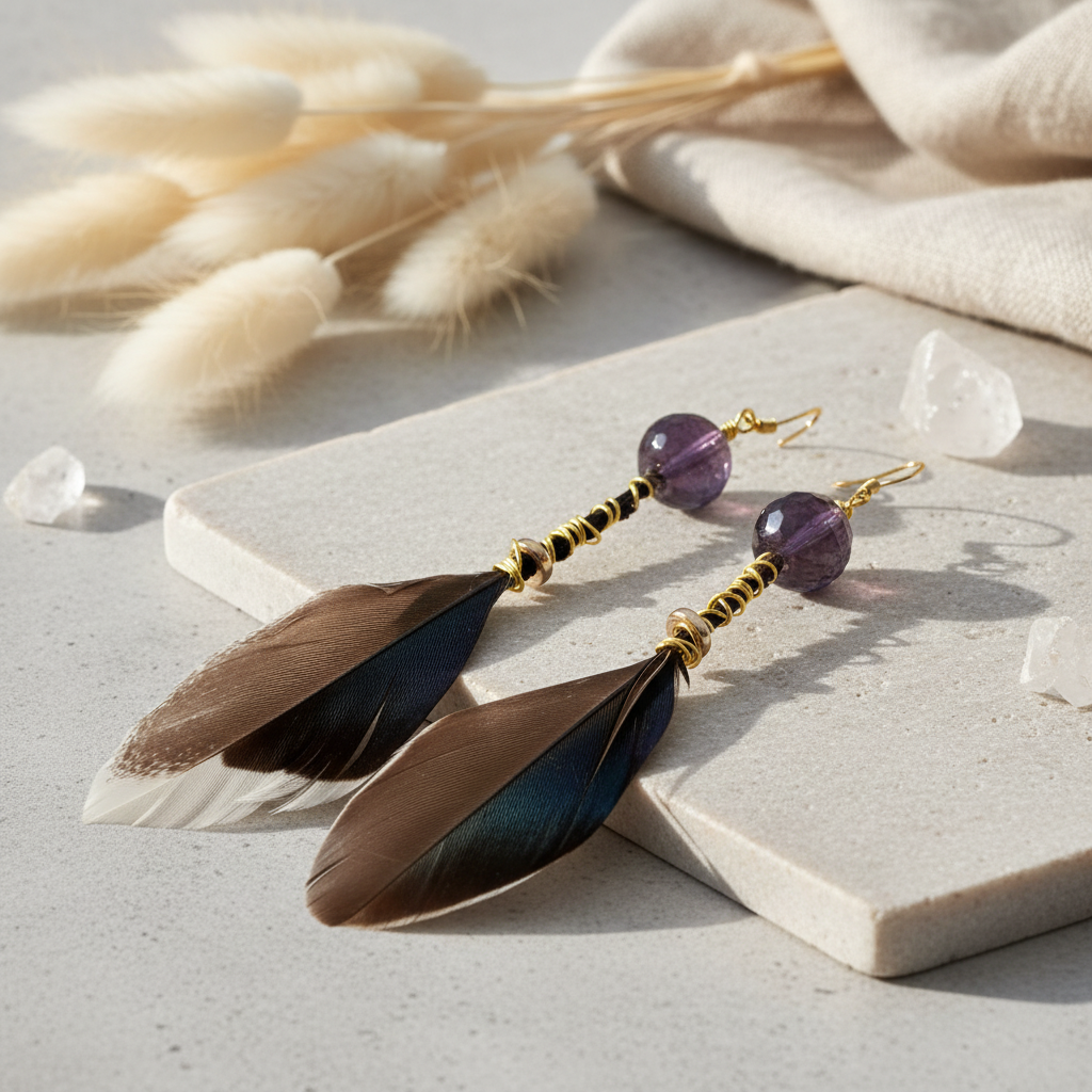 Diamond Cut Amethyst Feather Earrings - Wire Wrapped 14K Gold Plated
