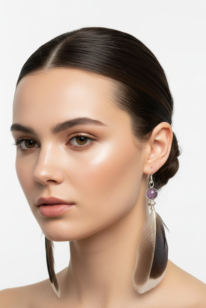 Amethyst Feather Earrings - Wire Wrapped Sterling Silver Plated Copper