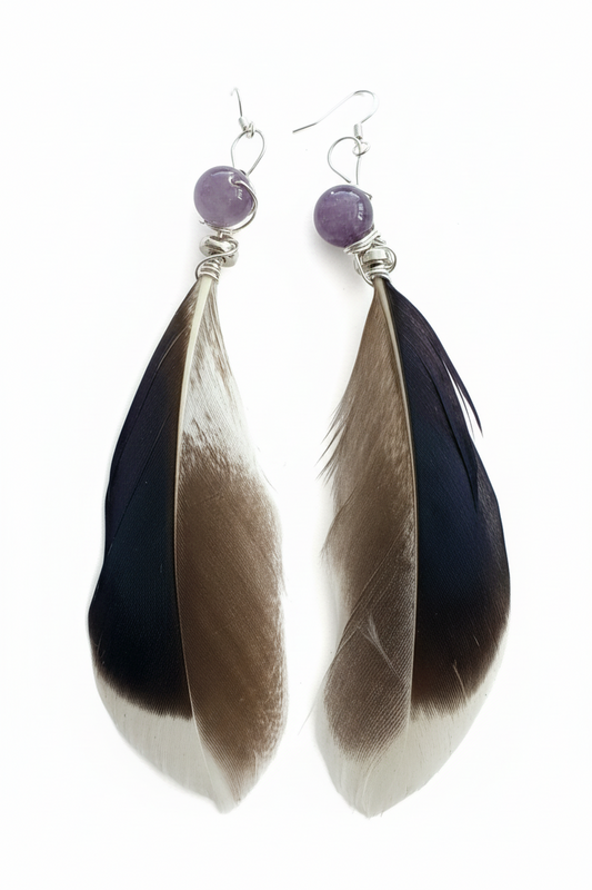 Amethyst Feather Earrings - Wire Wrapped Sterling Silver Plated Copper