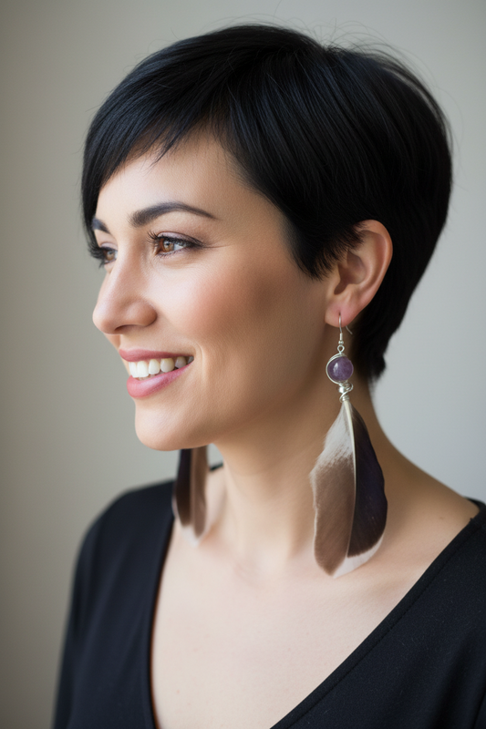 Amethyst Feather Earrings - Wire Wrapped Sterling Silver Plated Copper