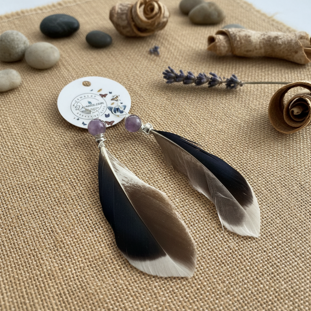 Amethyst Feather Earrings - Wire Wrapped Sterling Silver Plated Copper