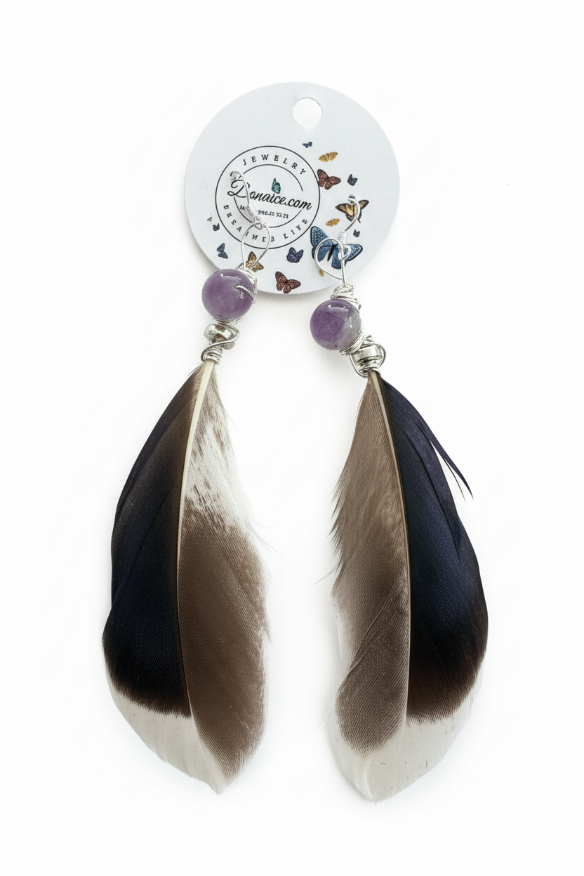 Amethyst Feather Earrings - Wire Wrapped Sterling Silver Plated Copper