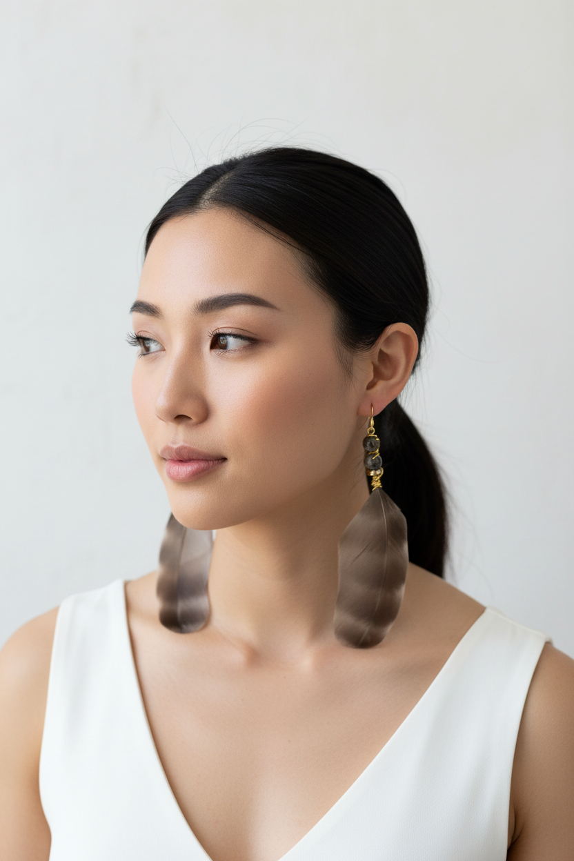 Handmade Mother of Pearl Feather Earrings - Resin Art Bohemian Jewelry