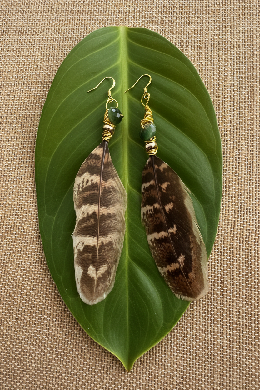 Galaxy Tiger Eye Feather Earrings - 14K Gold Plated Copper Hooks