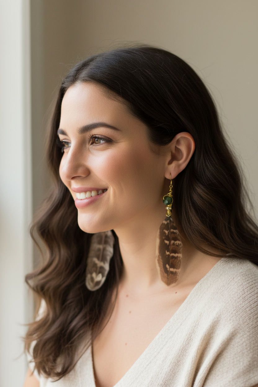 Galaxy Tiger Eye Feather Earrings - 14K Gold Plated Copper Hooks