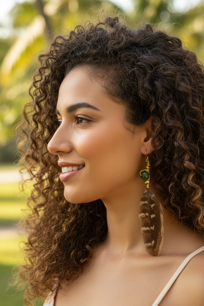 Galaxy Tiger Eye Feather Earrings - 14K Gold Plated Copper Hooks
