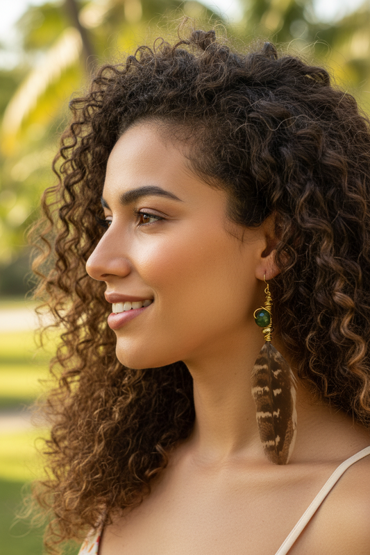 Galaxy Tiger Eye Feather Earrings - 14K Gold Plated Copper Hooks
