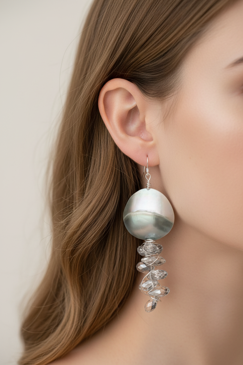 Mother of Pearl Crystal Earrings - Wire Wrapped Silver Plated Copper