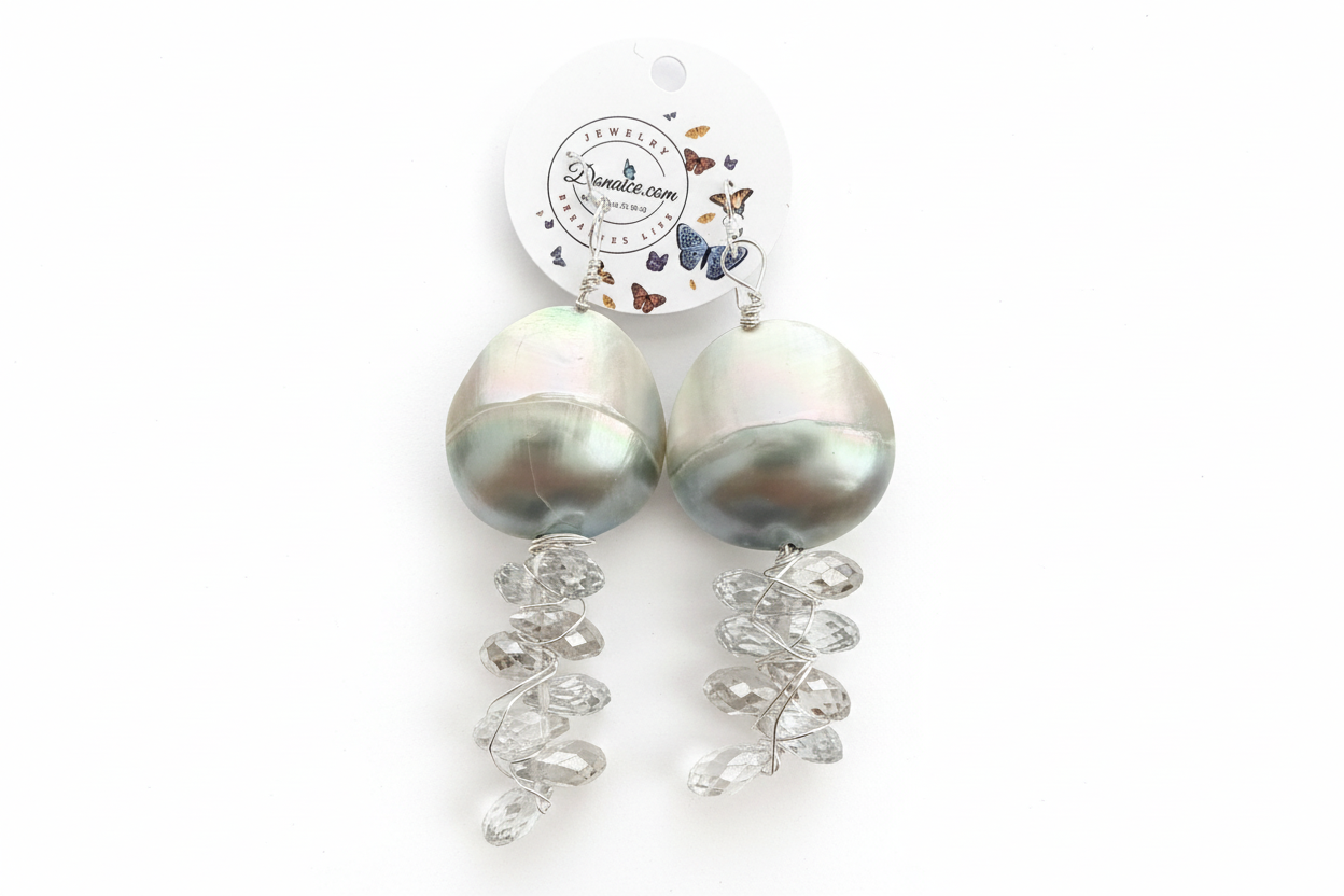 Mother of Pearl Crystal Earrings - Wire Wrapped Silver Plated Copper