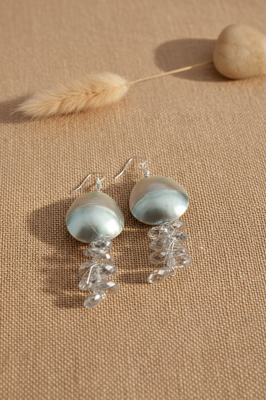 Mother of Pearl Crystal Earrings - Wire Wrapped Silver Plated Copper