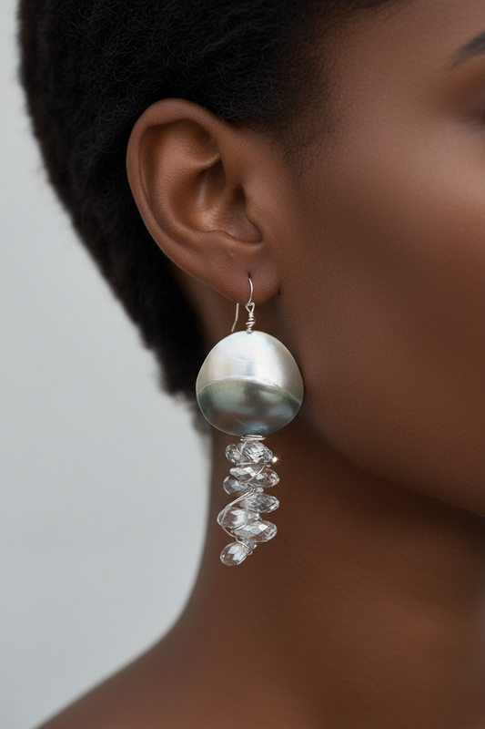 Mother of Pearl Crystal Earrings - Wire Wrapped Silver Plated Copper