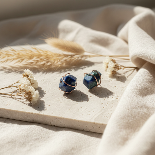 Chrysocolla Stud Earrings - Copper Wire Wrapped Gemstone Jewelry