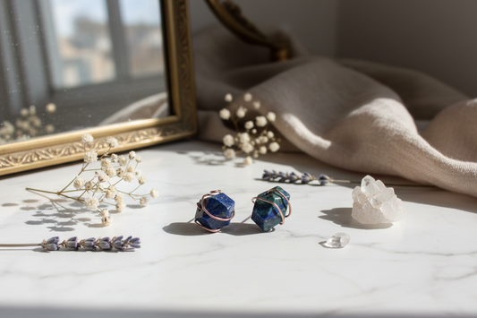 Chrysocolla Stud Earrings - Copper Wire Wrapped Gemstone Jewelry