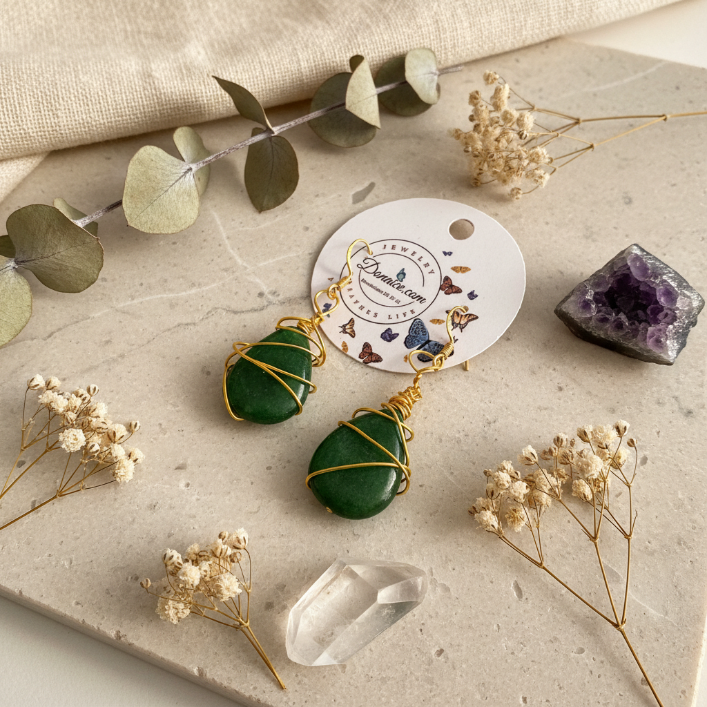 Jade Earrings - Gold Plated Wire Wrapped Gemstone Jewelry