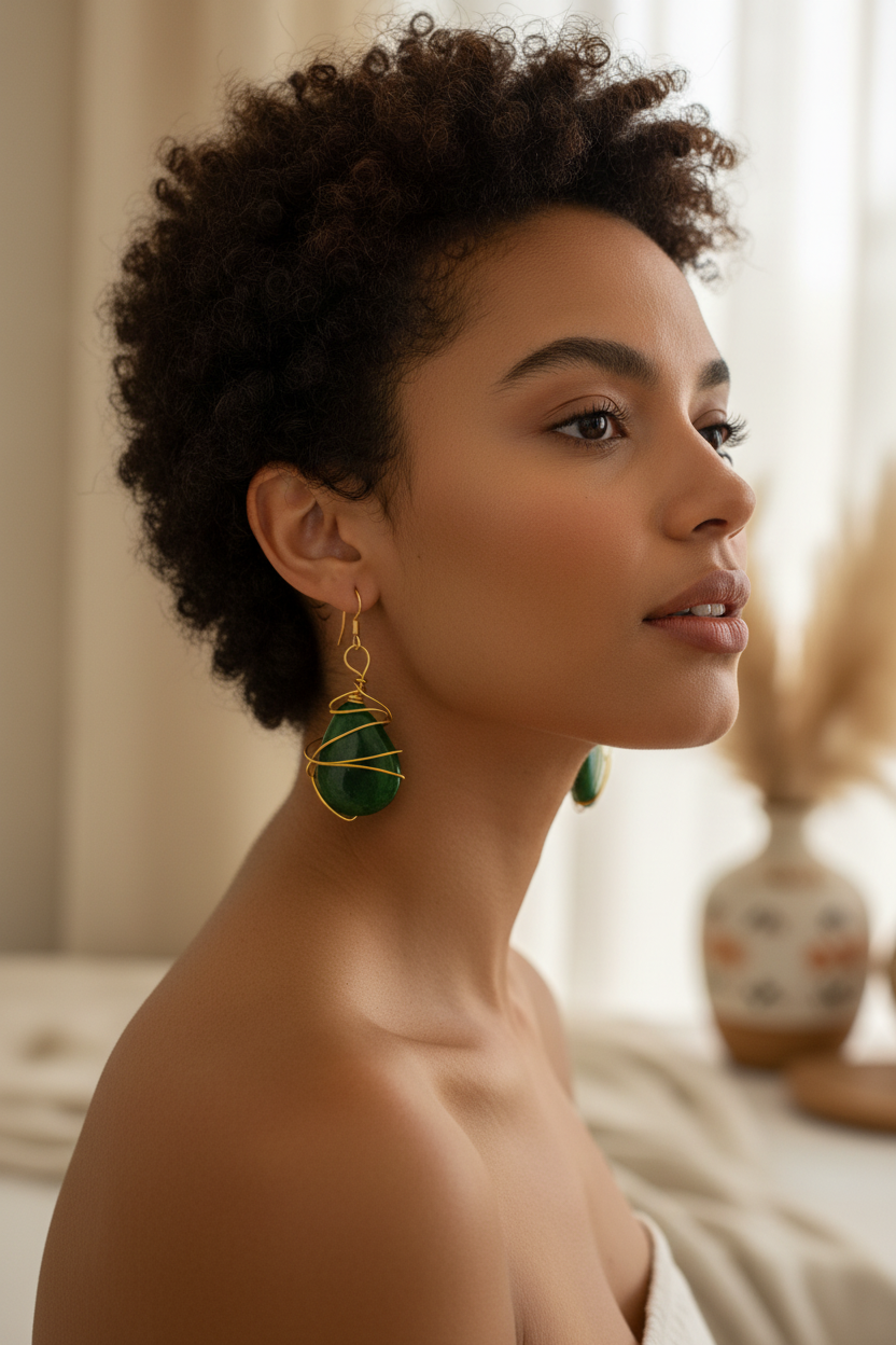 Jade Earrings - Gold Plated Wire Wrapped Gemstone Jewelry