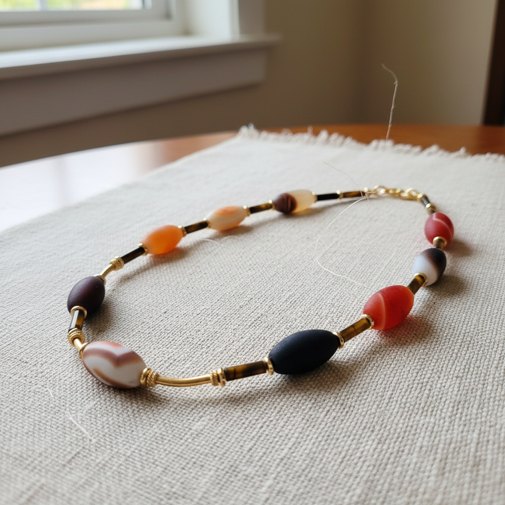 Agate Tiger's Eye Hematite Necklace - 22" 14K Gold Bohemian