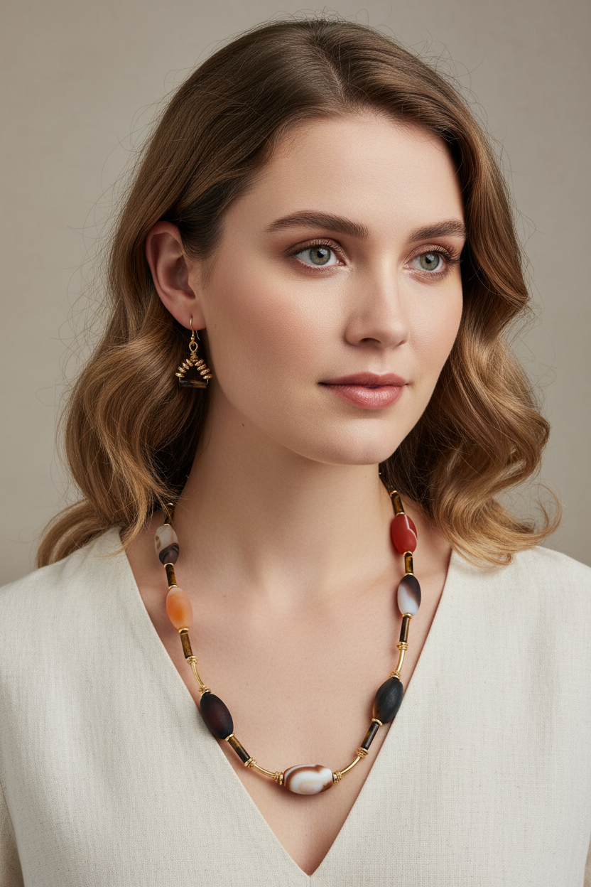 Agate Tiger's Eye Hematite Necklace - 22" 14K Gold Bohemian