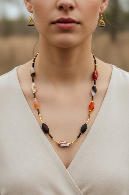 Agate Tiger's Eye Hematite Necklace - 22" 14K Gold Bohemian