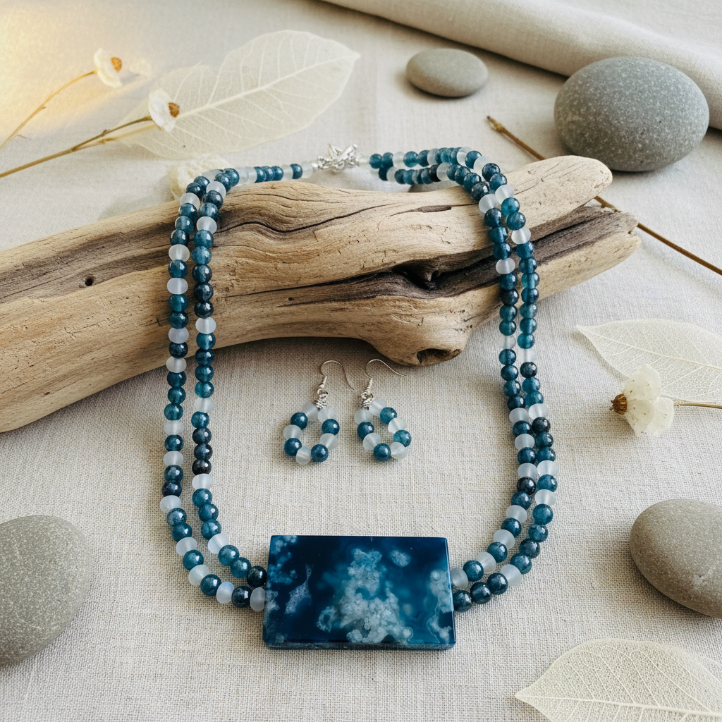 Agate Opalite Necklace & Earring Set - 22" Sterling Silver Paradise