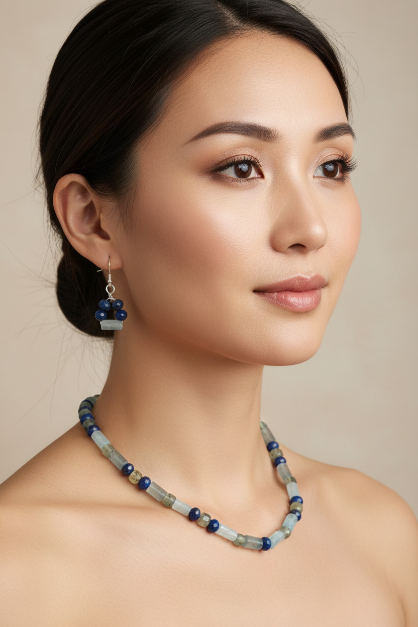 Aquamarine Azurite Green Rutilated Quartz Necklace - 22" Paradise Collection