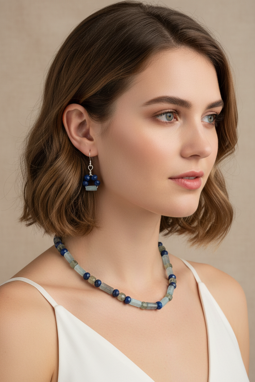 Aquamarine Azurite Green Rutilated Quartz Necklace - 22" Paradise Collection