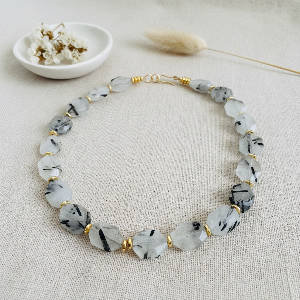 Black & White Rutilated Quartz Necklace - 14K Gold Plated Bohemian