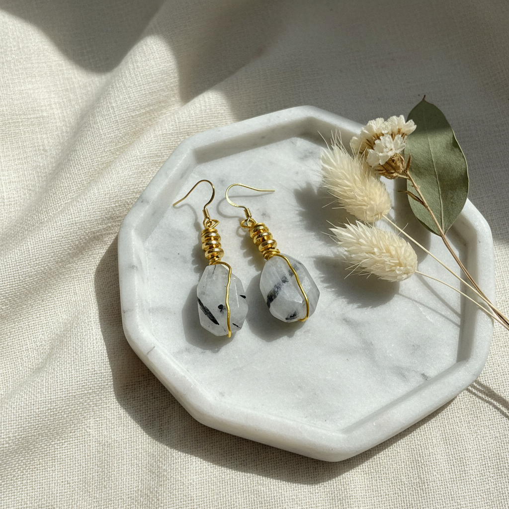 Black & White Rutilated Quartz Necklace - 14K Gold Plated Bohemian