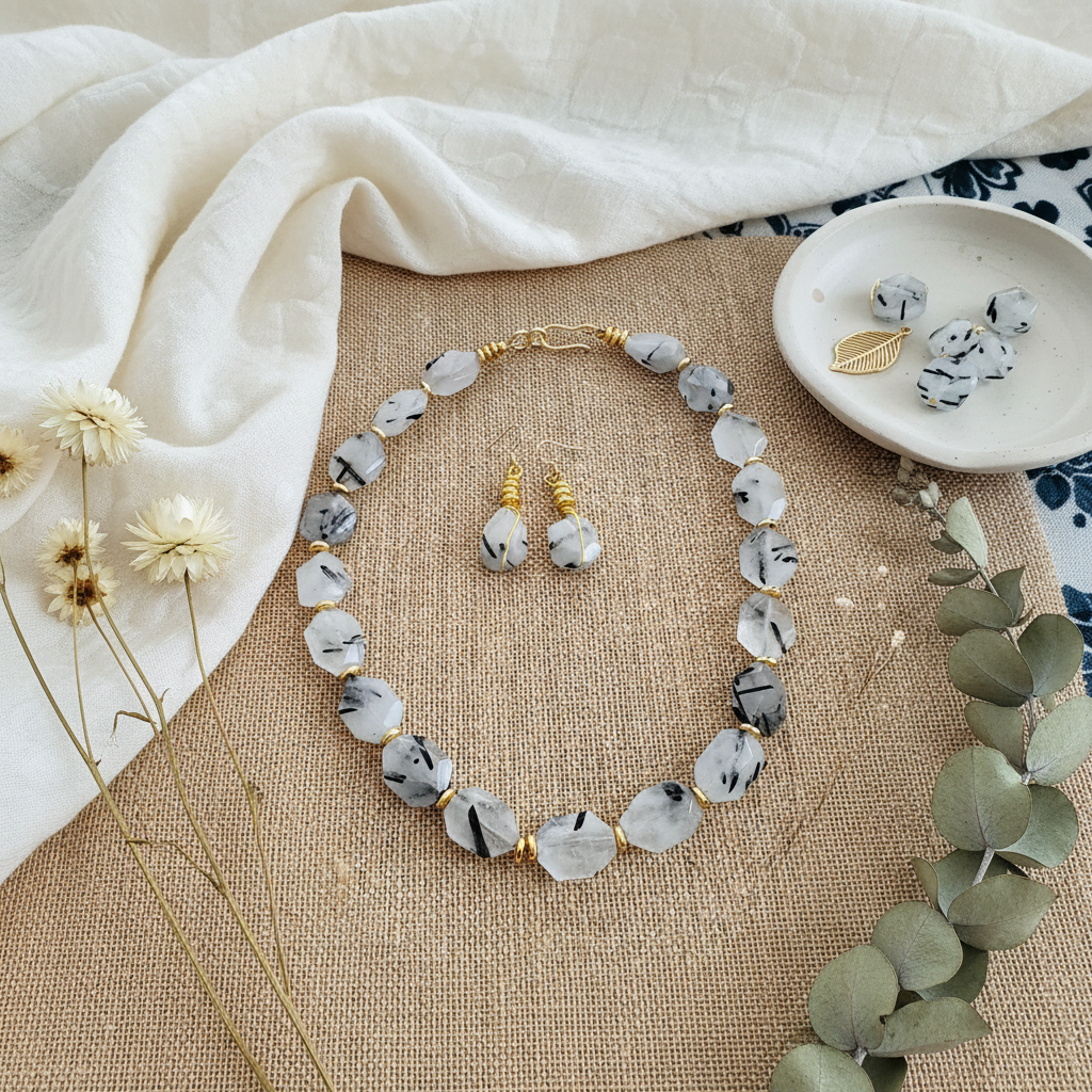 Black & White Rutilated Quartz Necklace - 14K Gold Plated Bohemian