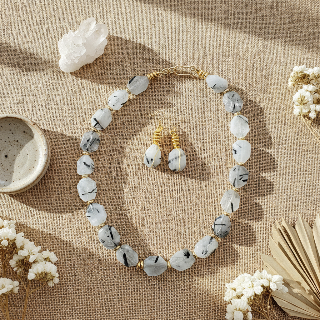 Black & White Rutilated Quartz Necklace - 14K Gold Plated Bohemian