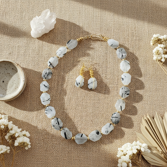 Black & White Rutilated Quartz Necklace - 14K Gold Plated Bohemian