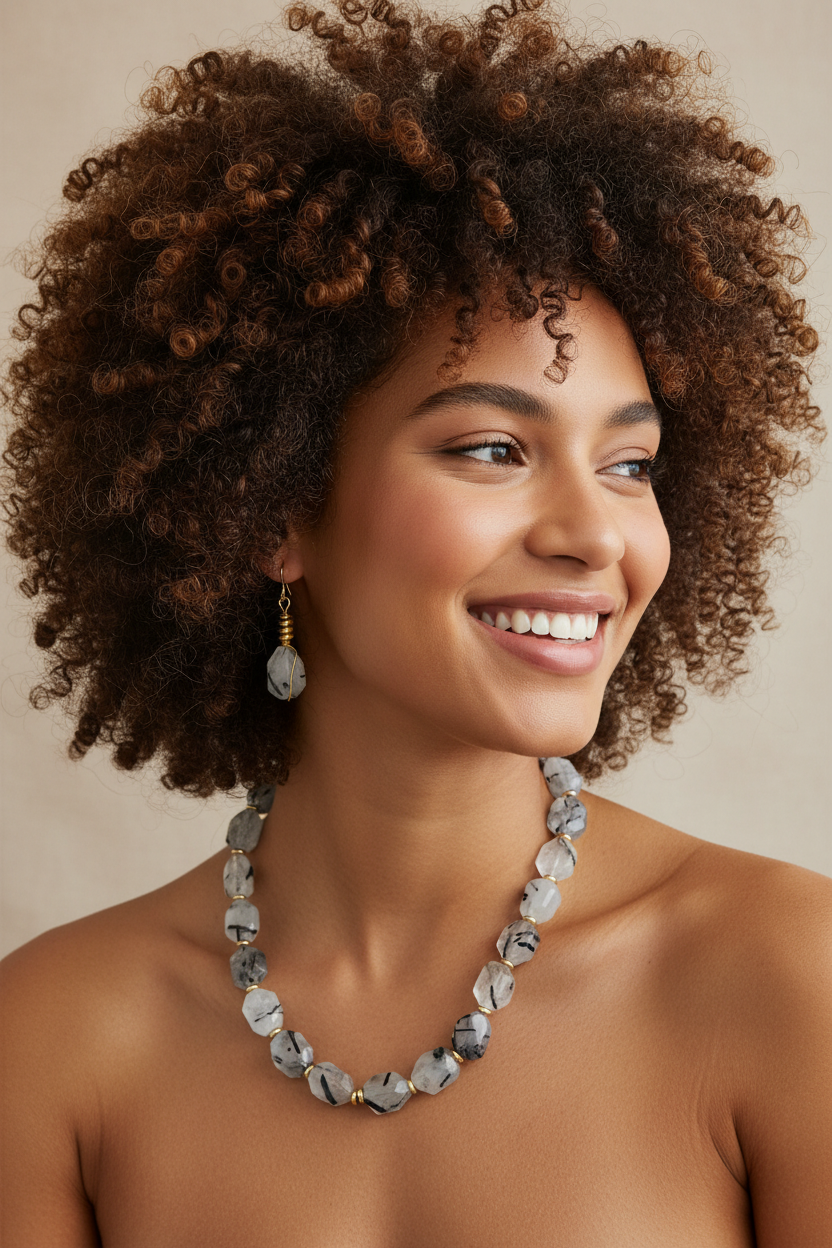 Black & White Rutilated Quartz Necklace - 14K Gold Plated Bohemian