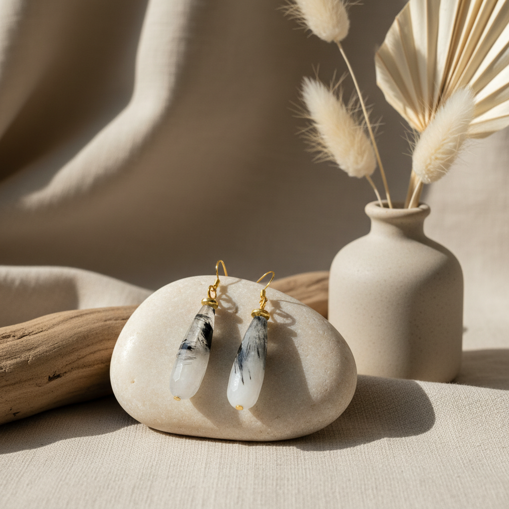 Agate Rutilated Quartz Hematite Necklace & Earring Set - 22" Bohemian