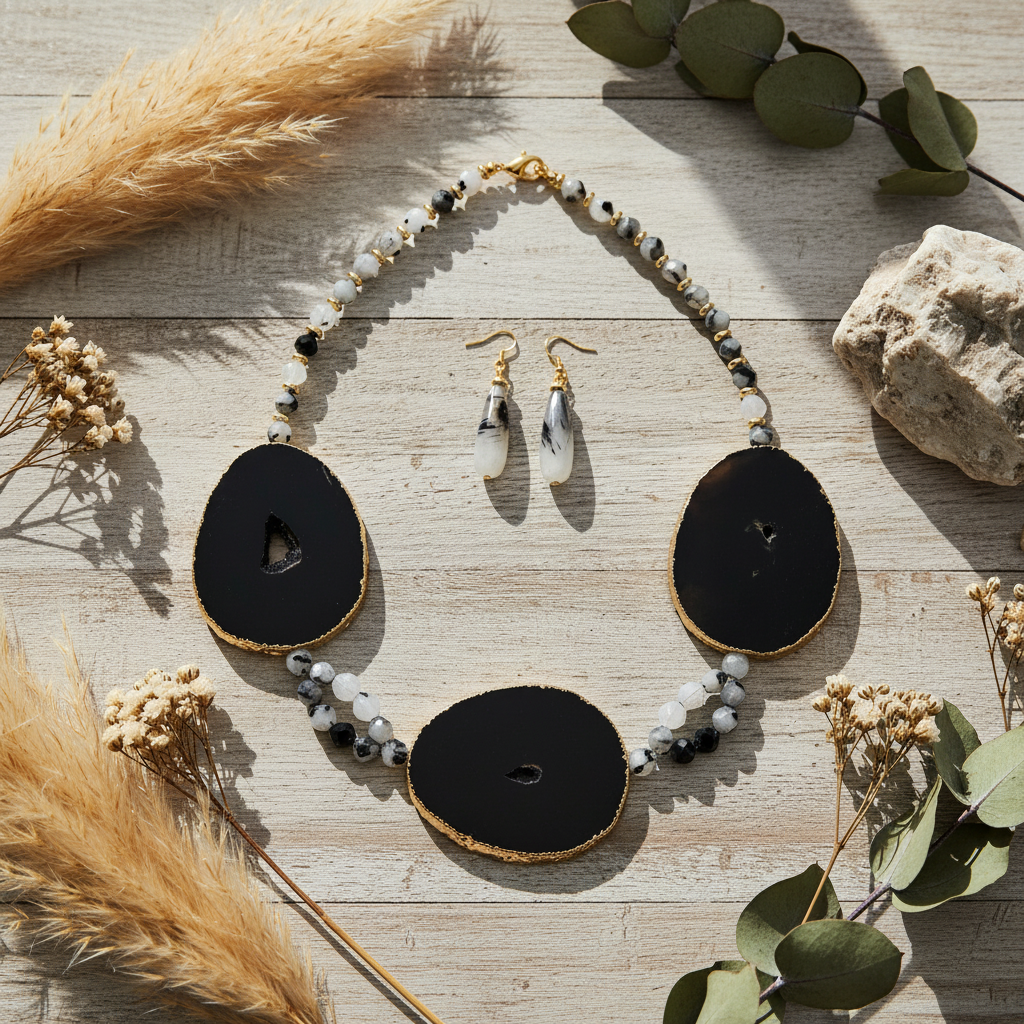 Agate Rutilated Quartz Hematite Necklace & Earring Set - 22" Bohemian