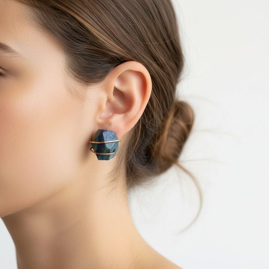 Chrysocolla Stud Earrings – Wire Wrapped Copper | One of a Kind