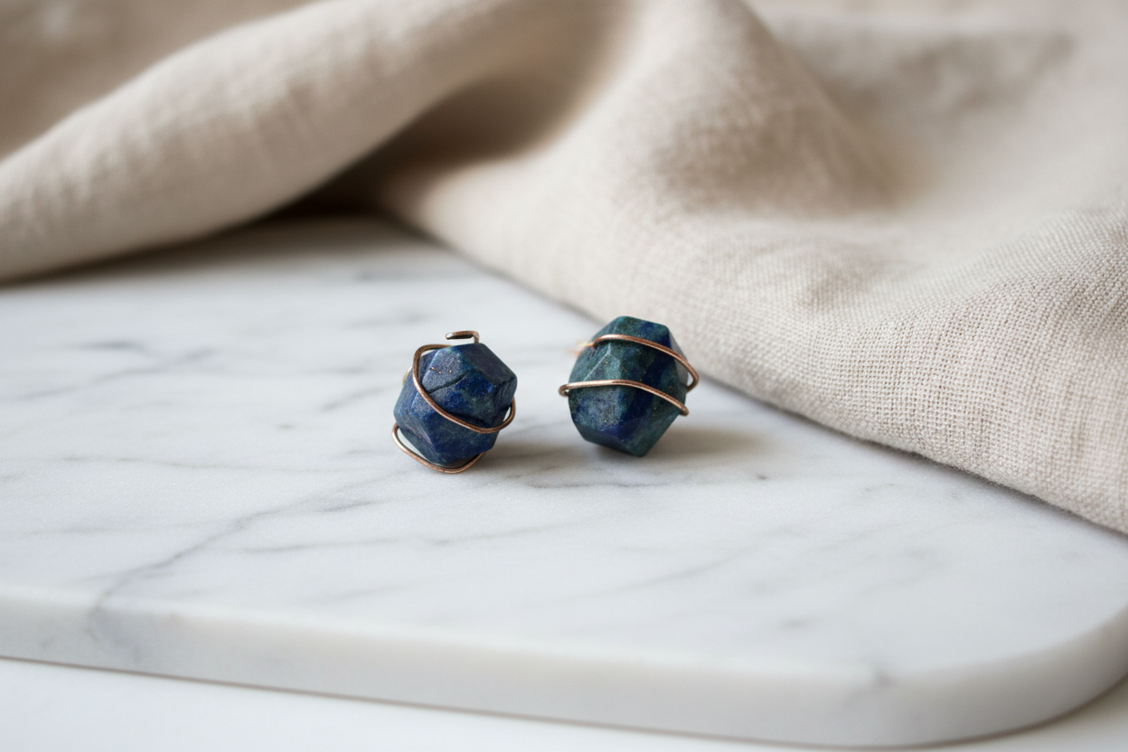 Chrysocolla Stud Earrings – Wire Wrapped Copper | One of a Kind