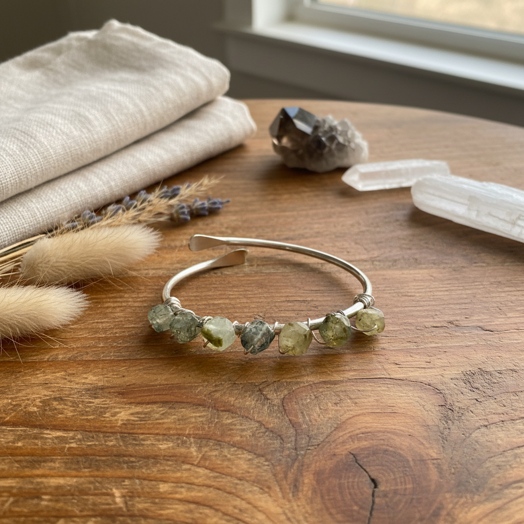 Wire Wrapped Green Prehnite Stone – Copper & Sterling Silver Plated