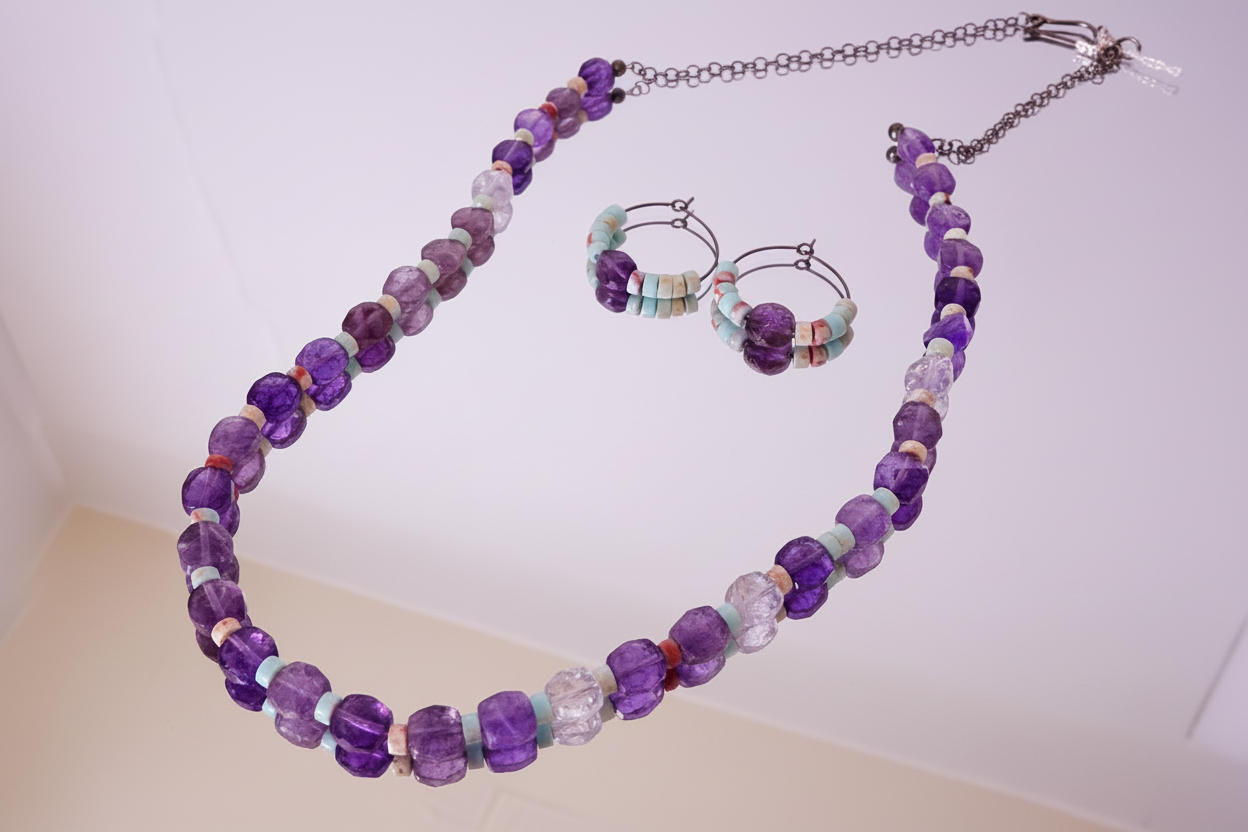 Amethyst & Opal Necklace and Earrings Set - One of a Kind