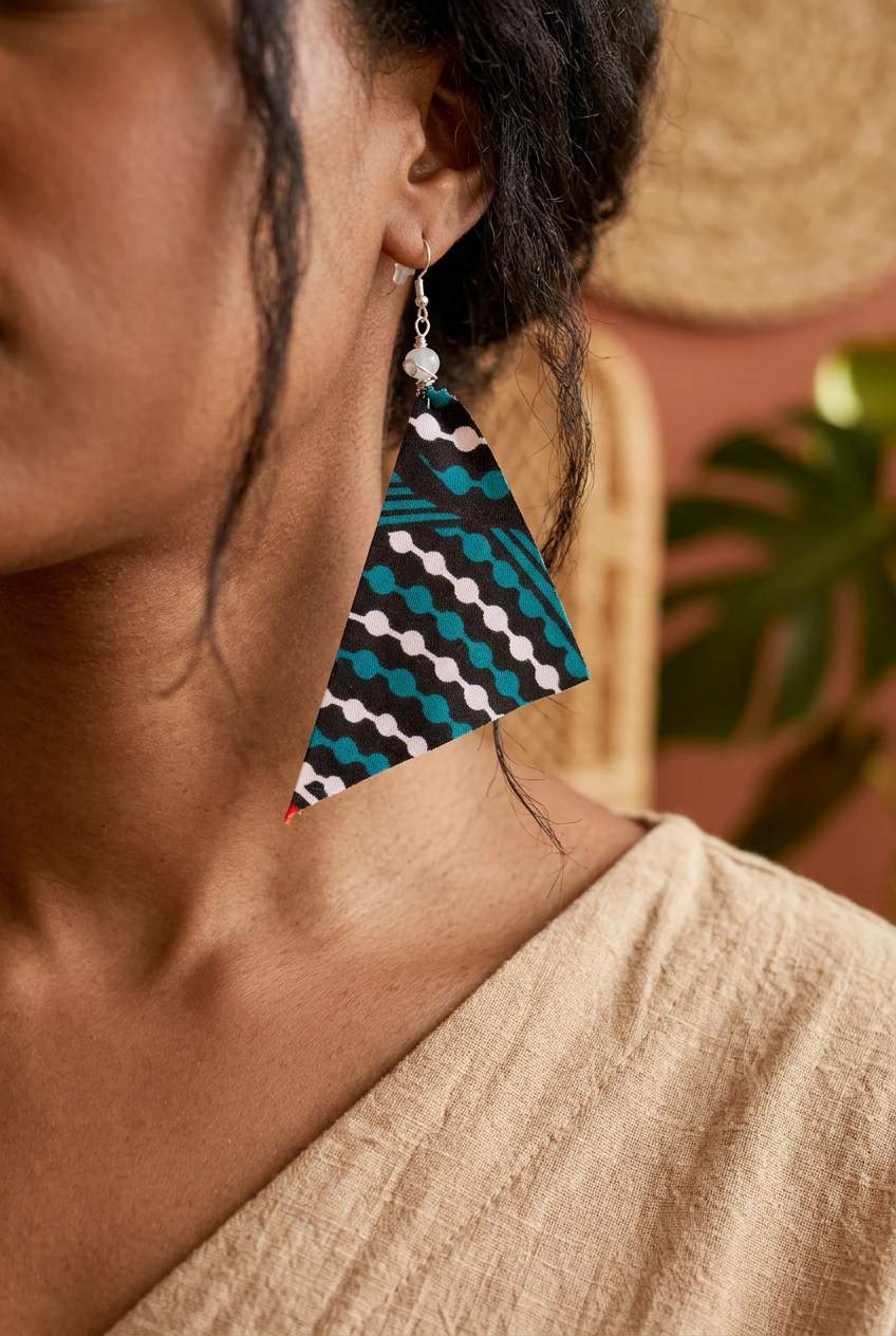 Teal, black and white triangle drop earrings with red accents and silver-tone hooks
