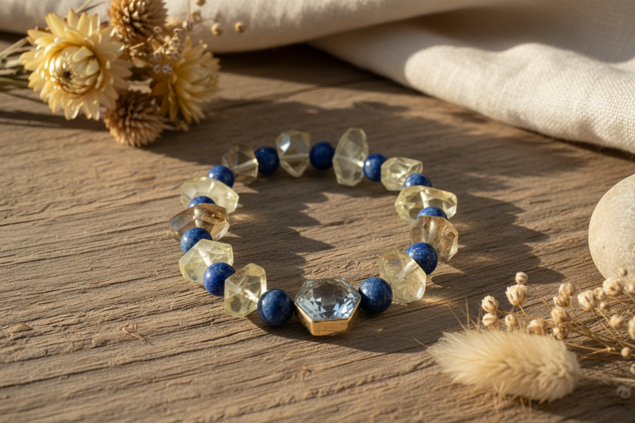 Lapis Lazuli Lemon Quartz Bracelet - Blue Yellow Silver Stretch