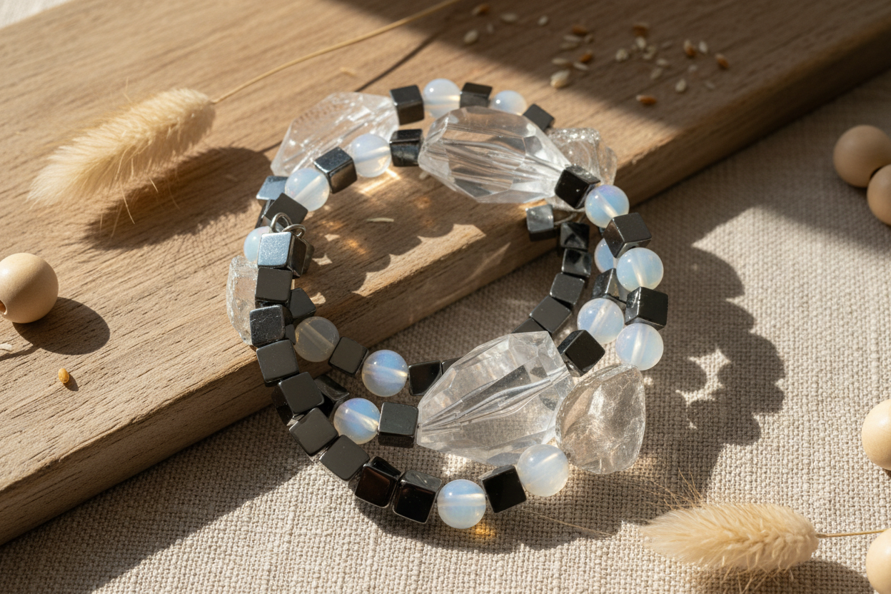Hematite Opalite Mother of Pearl Bangle - Memory Wire Bracelet